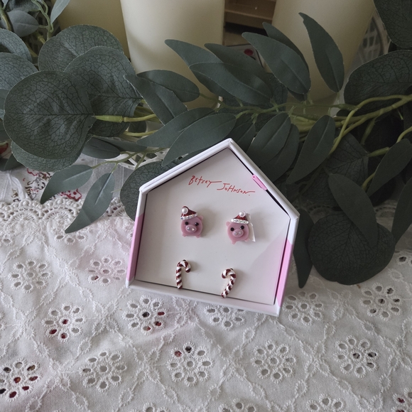 Betsey Johnson Festive Pink Pig Earrings with Candy Canes - Picture 2 of 4